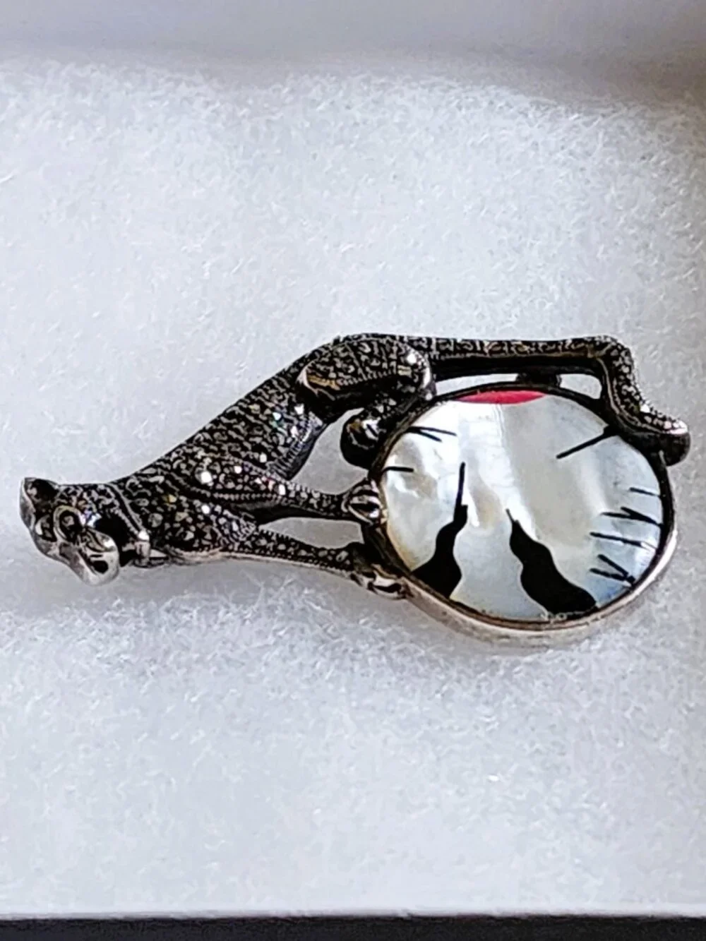 VTG 1980s Art Deco Sterling Silver Marcasite Panther Mother of Pearl Brooch 925